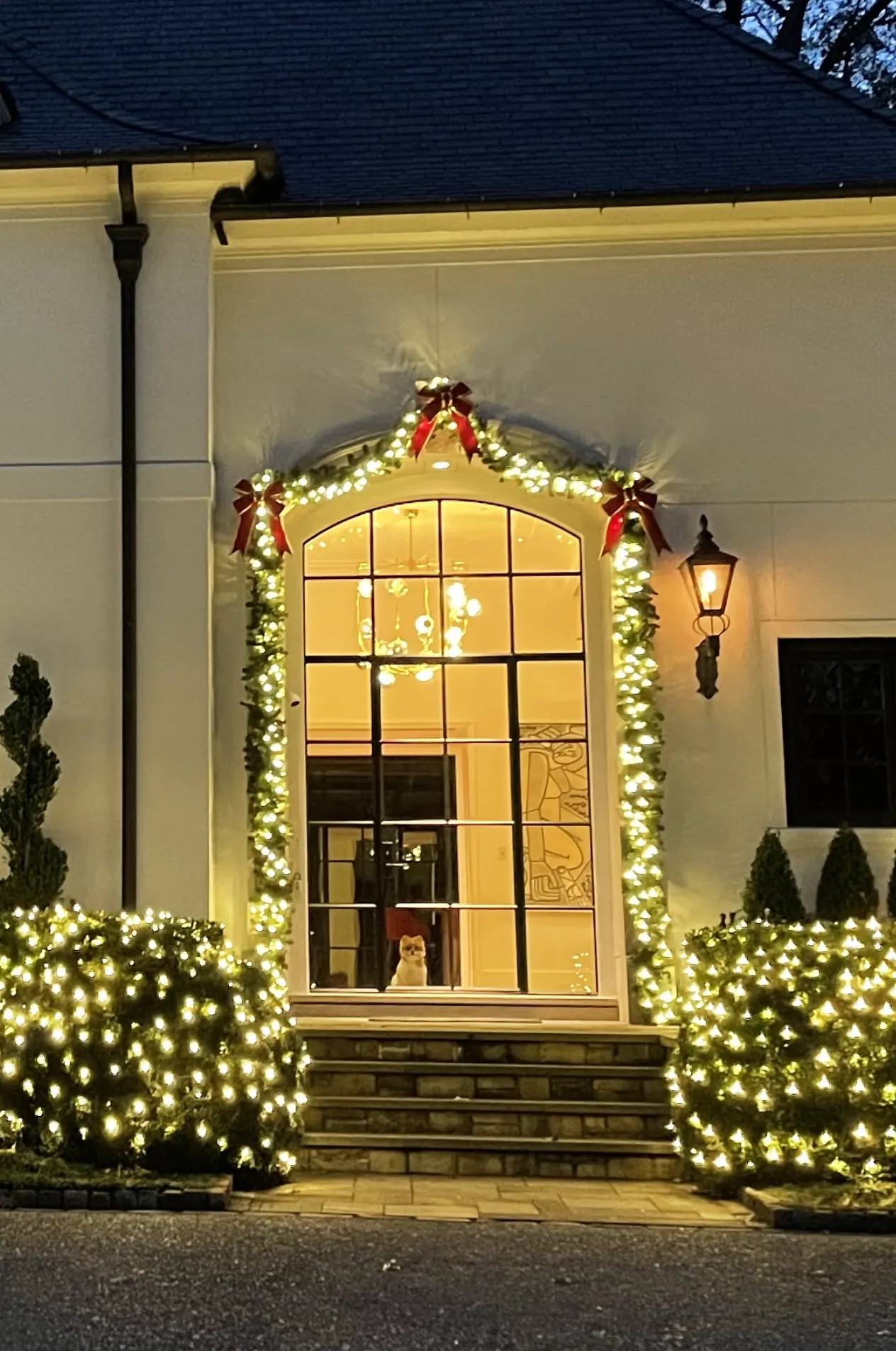 Lit garland with red bows frames an arched front door, with netted lights on the shrubs on either side.