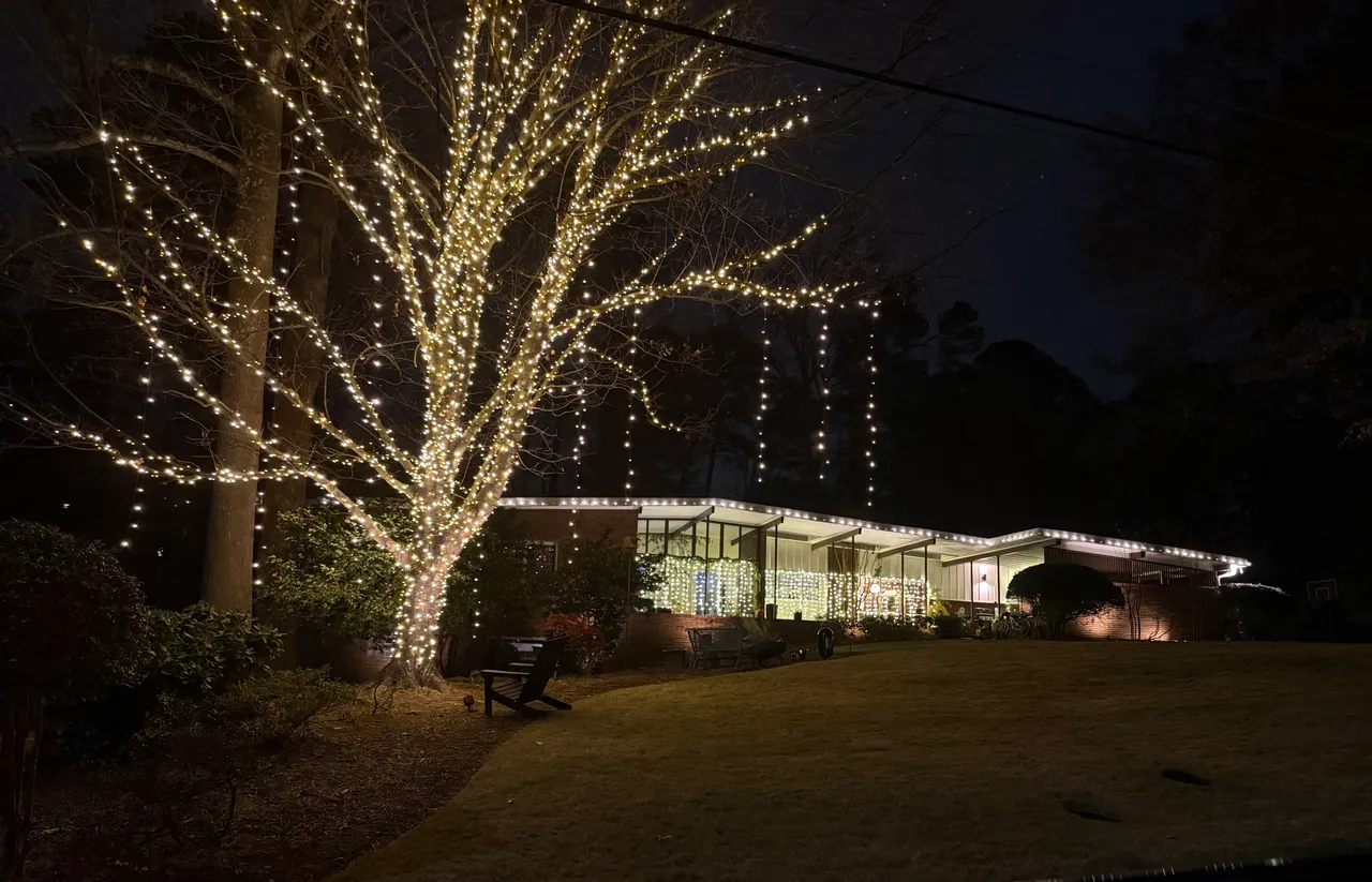 The Espinozas’ mid-century home at night, with a large tree wrapped in warm white lights and strands hanging from its branches.